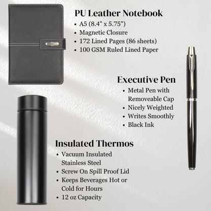 Shadow Breeze A5 Leather Notebook, Insulated Thermos and Executive Pen Gift Set in Premium Gift Box, 172 Pages 100GSM Ruled Pages, 12 oz, Great Gift for Business, School, Home (Black)