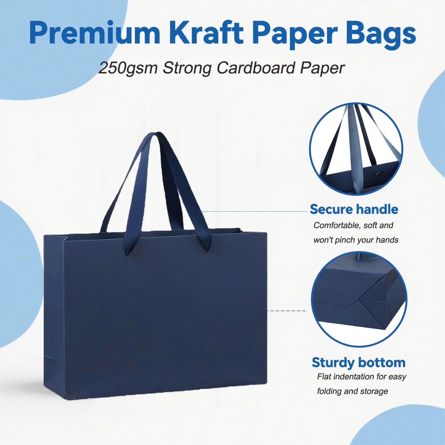 MULIANBOX Navy Blue Gift Bag 6 Pack, 15.9×5.9×12inch Extra Large Gift Wrap Bags with Ribbon Handles, Reusable Heavy Duty Kraft Paper Bags Bulk for Shopping, Wedding, Party, Gift, Retail