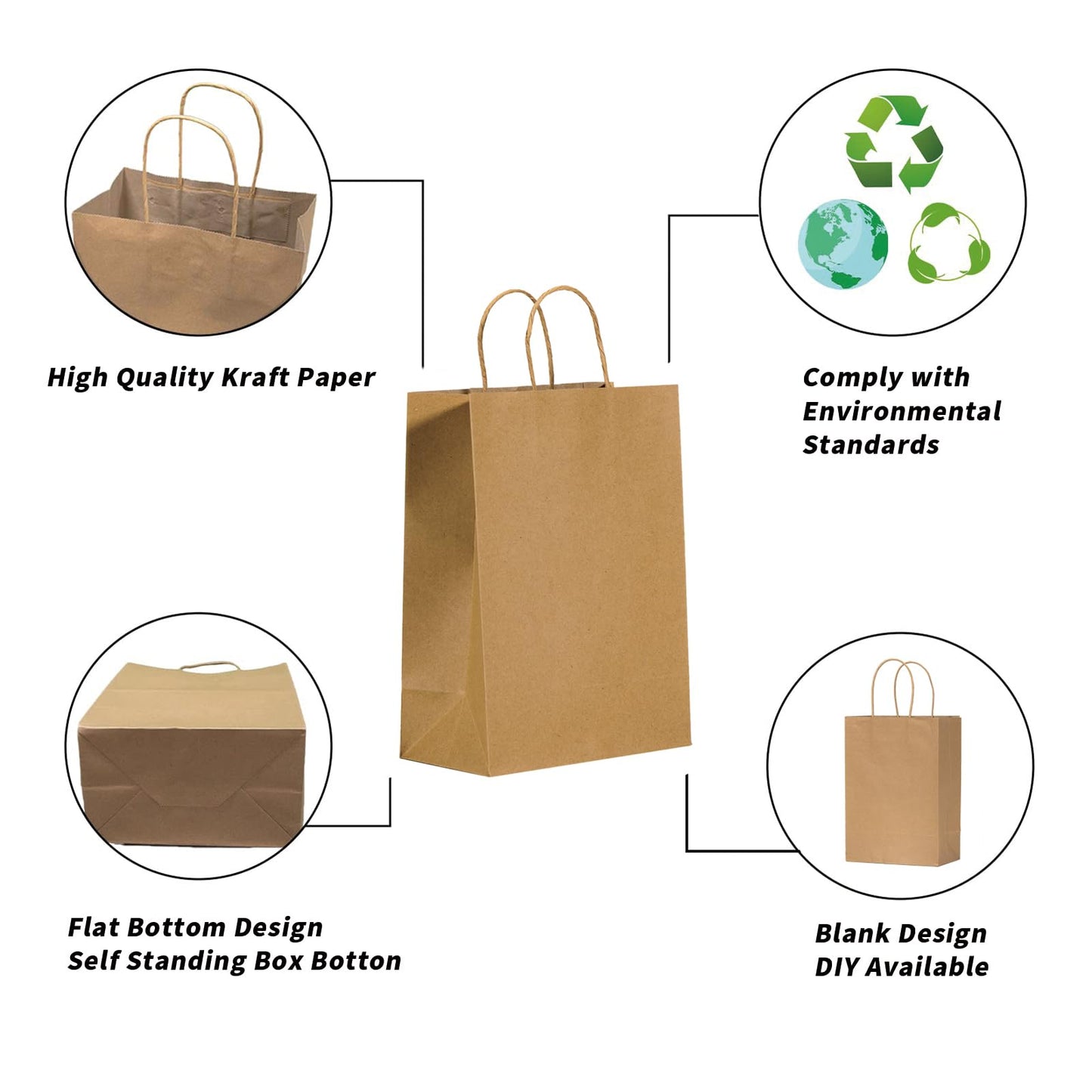 vanhel 10x5x13in Kraft paper Bags 100Pcs Brown Paper Bags with Handles Bulk, Recycled Paper Gift Sacks,for Gifts,Retail,Merchandise,Grocery,Birthday Wedding Party Favor, Take-out