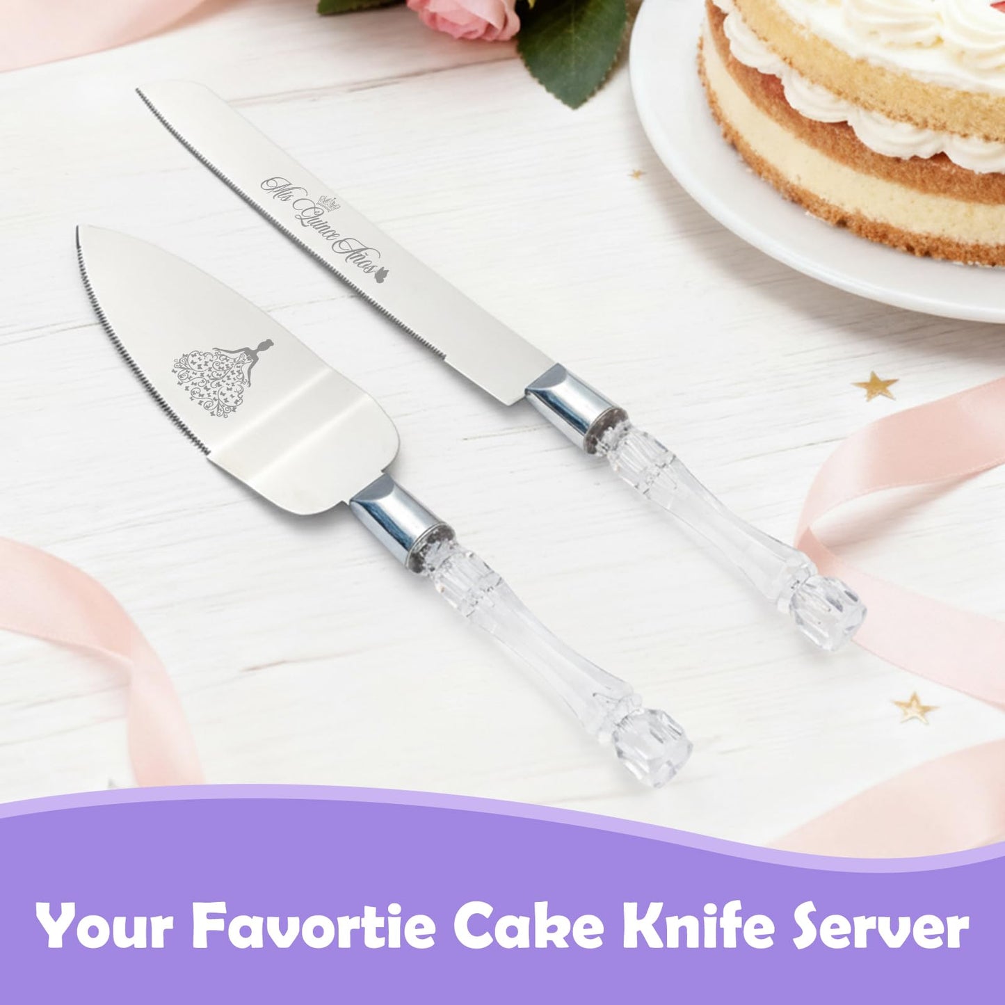 Mis Quince Años Quinceanera Cake Knife and Server Set - Sweet 15 Birthday Gifts for Girls, Feliz 15 Anos Party Decorations & Keepsake, Stainless Steel Cutting Set with Crystal Handles, Silver