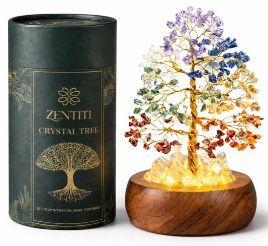 7 Chakra Crystal Tree of Life with LED Light, Handcrafted Gemstone Bonsai with Quartz Crystal Base & Acacia Wood Stand, Spiritual Home & Office Décor, Gift for Women,
