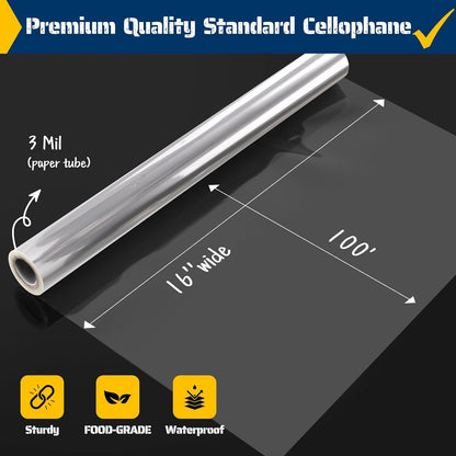 Vanhench 16 in×100 ft (1200") Clear Cellophane Wrap Roll 3Mil Thick for Gift Basket Treats Goodie Bag Bouquet Flower Wrapping, Clear Plastic Wrap for Mothers Day Birthday Gifts Wrapping