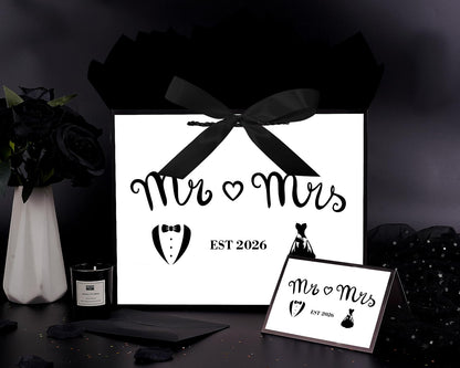 Jaywayang Large EST 2026 Mr & Mrs Wedding Gift Bag with Ribbon and Tissue Paper, 12.6" White and Metallic Black Bridal Shower Gift Bags, Engagement, Wedding Shower Party Favor.