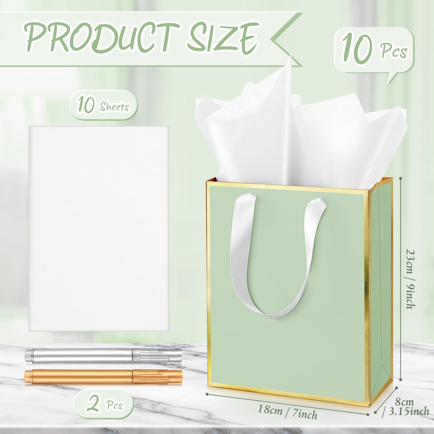 Yeaqee 10 Pack Metallic Paper Gift Bags with Handle Tissue Paper Thank You 5 Senses Gift Bag for Birthday Wedding Baby Shower Groomsmen Bridal Graduation Party Favor 9 x 7 x 3.15''(Sage Green,Gold)