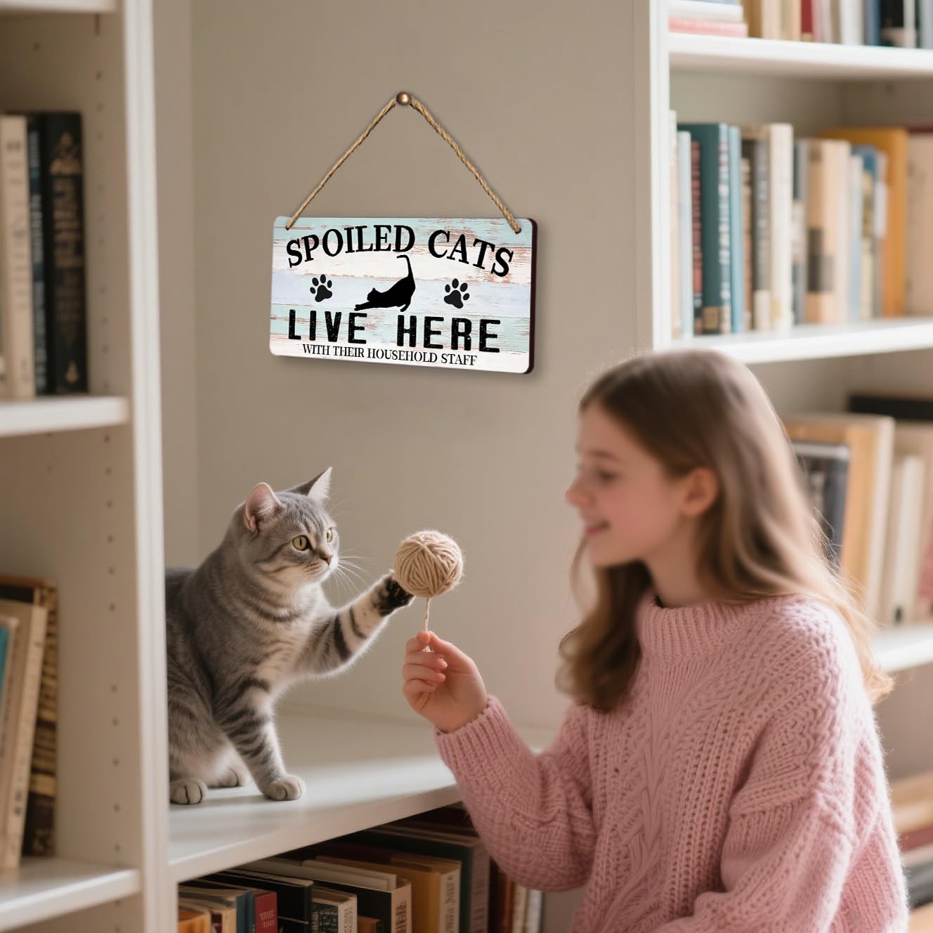 Funny Cat Sign Home Wall Decor - Wooden Cat Welcome Hanging Signs, Gifts for Cat Lovers - Spoiled Cats Live Here with Their Staff Sign - Cattery & Cat Cave Decor Gift (6x12 Inches)
