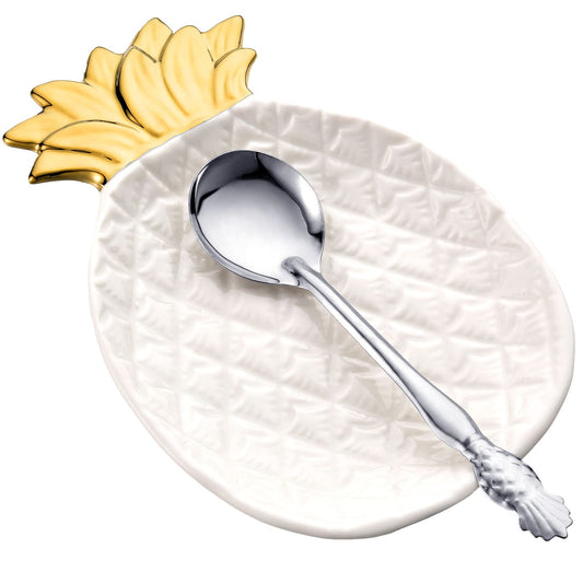 2 Pcs Pineapple Spoon Rest and Spoon Set, Ceramic Farmhouse Utensil Rest for Kitchen Counter Spatula Utensil Holder for Ladles Tong Modern Gift Pineapple Kitchen Decor