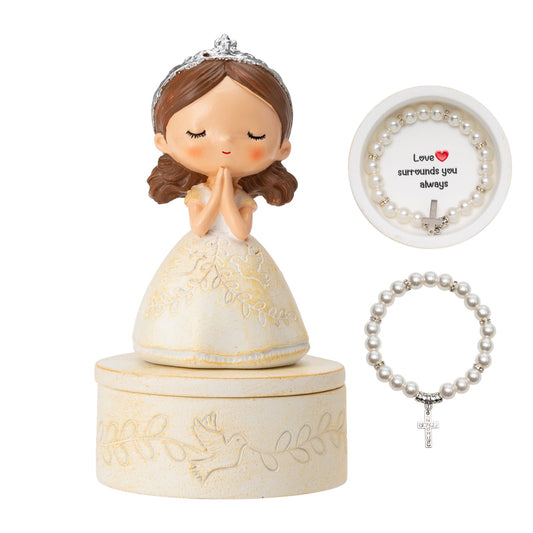 First Communion Gift Set for Girls - Resin Prayer Girl Figurine with Dove & Olive Branch Design, White Religious Keepsake Statue, Pearl Necklace Cross Pendant, Gift Box Set with Inspirational Message