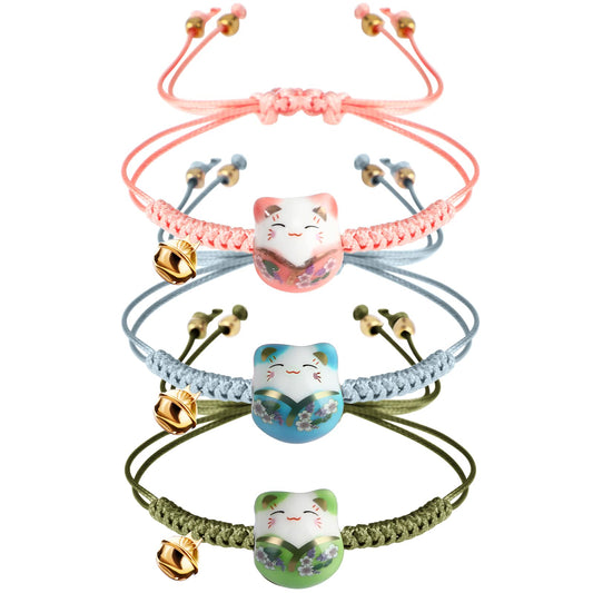 Sureio 3 Pieces Cat Maneki Neko Bracelet Cute Lucky Cat Ceramic Beads Bracelet Lucky Japanese Fortune String Hand Chain with Bell, Adjustable