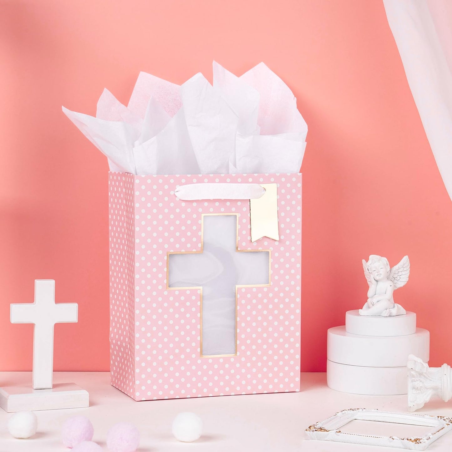 Loveinside Pink Gift Bag, Gold Foil Religious Cross and Dots Design, Gift Bag with Tissue Paper, Tag for Baby Girl Baptisms, Baby Shower, First Communion, Religious Celebrations, 7" x 4" x 9", 1 Pcs