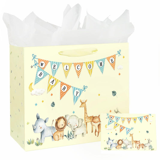 Laidans 13" Large Baby Boy Girl Gift Bag for Baby Shower with Tissue Paper and Greeting Card (Yellow)