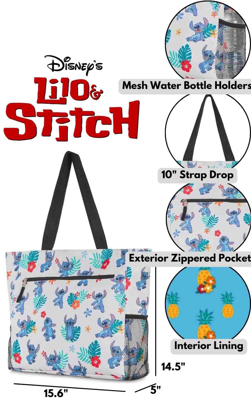 Disney Stitch Women Zip Tote Shoulder Bag Beach Travel Mesh Side Pockets (Stitch White)