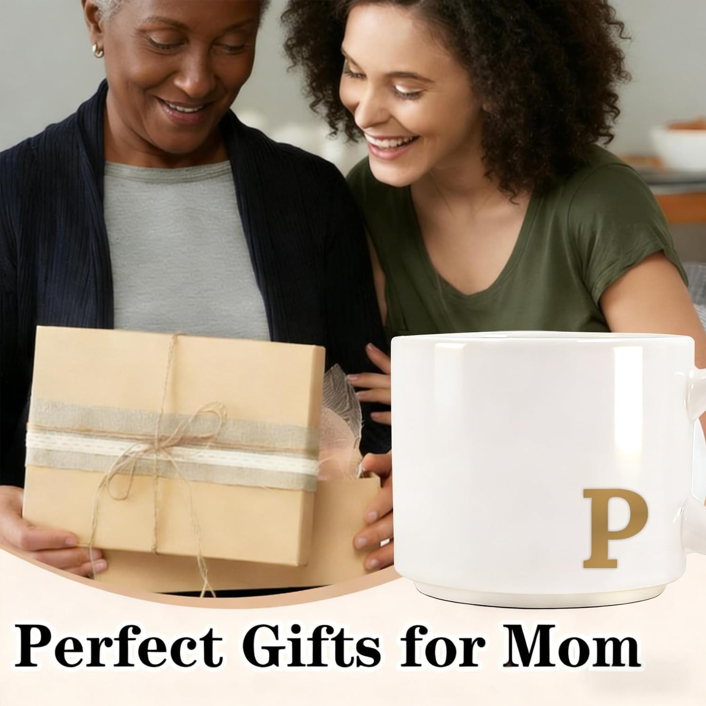 RainVibe Elegant Gift Set for Women – Personalized Monogram Ceramic Mug & Jewelry Tray – 12 oz Gold-Initial Coffee Cup with Gift Box, 4.75" Decorative Dish for Rings, Earrings, Keys (Letter P)