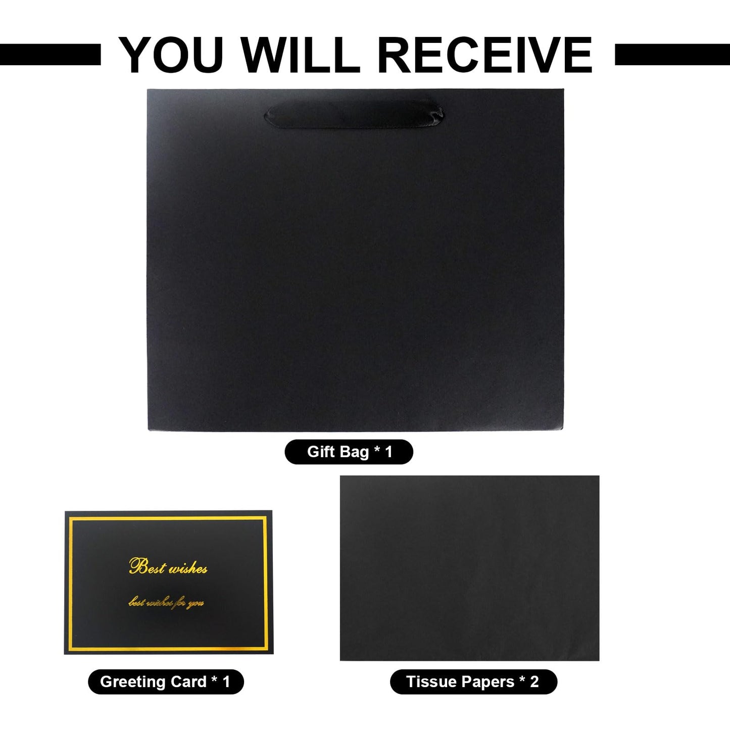 Elegant Black Gift Bag 11.8"x4.5"x9.8" with Ribbon Handles, Includes Card and Tissue Papers, Perfect for Birthdays, Weddings, Parties, Holidays, Baby Shower