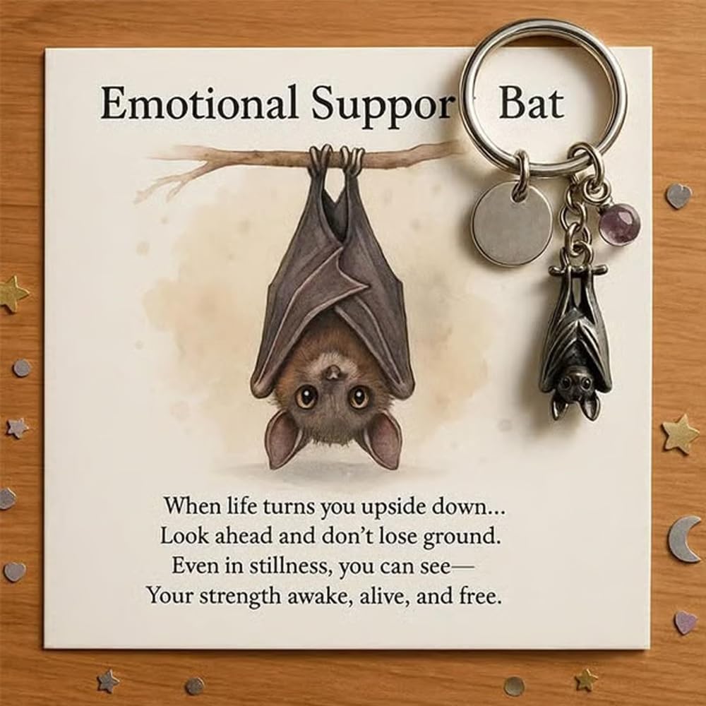 Emotional Support Bat Inspirational Keychain, Vintage Bat Pendant Encouragement Verse Card Gift for Friends