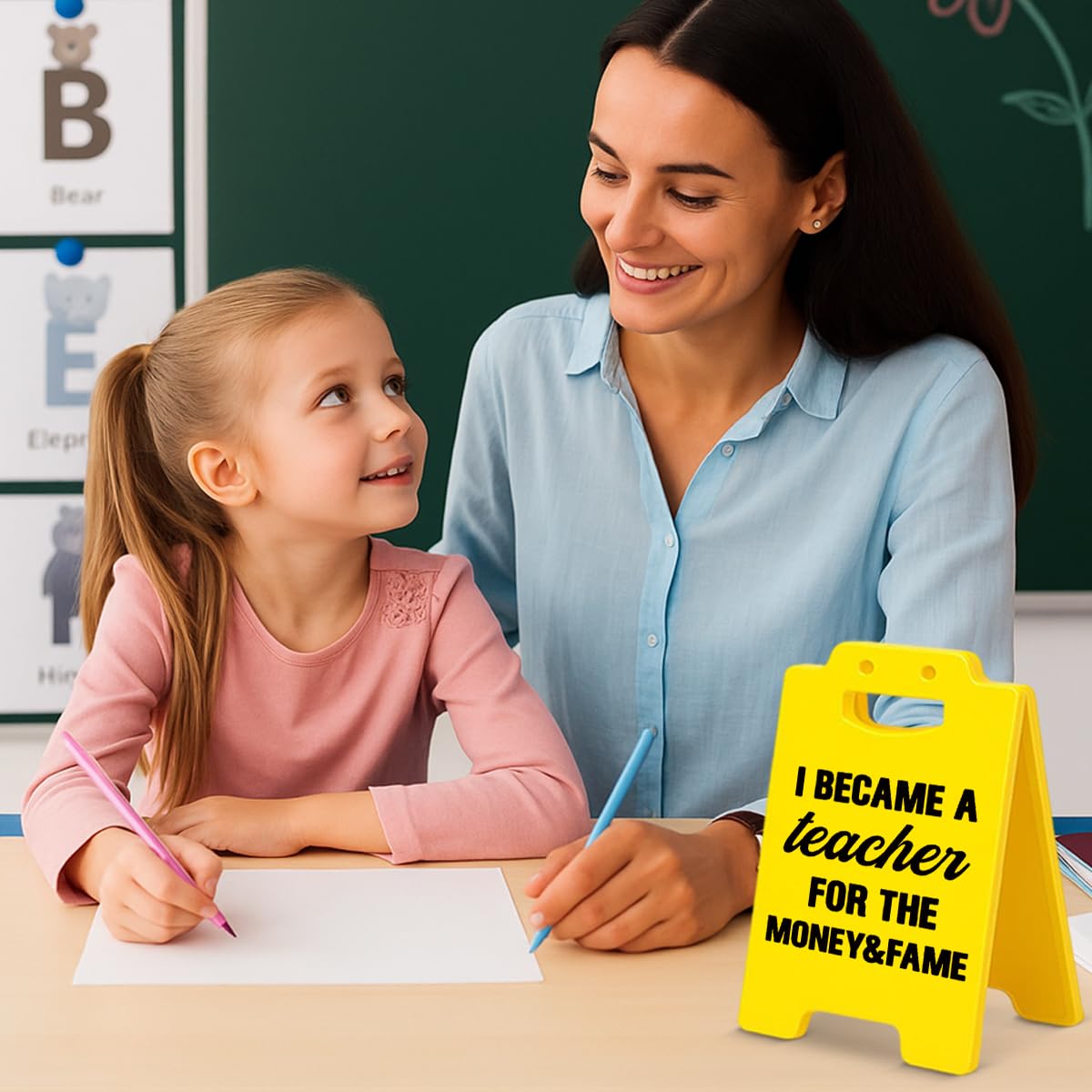 Funny Teacher Office Desk Decor Sign - Humor Gag Gifts for Teachers - I Became a Teacher for the Money & Fame Sign Home Office Decor