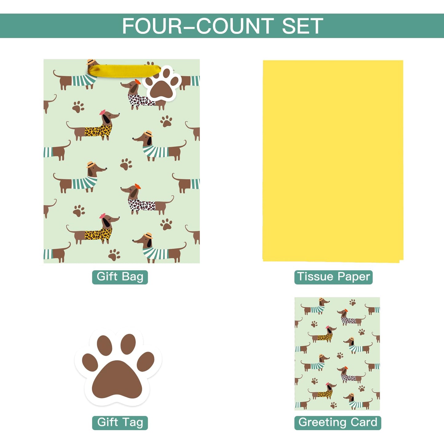 Loveinside Dachshund Gift Bag for Boys Girls, Cut Sausage Dog Dressed-Up Design with Paw Prints, Green Medium Gift Bag with Tissue Paper, Tag, Card for Birthday, Pet Party, 10" x 5" x 13", 1 Pcs
