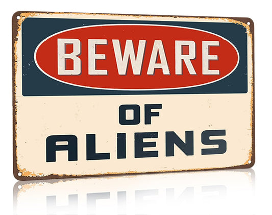 Smilelife Alien Gifts Vintage Alien Decor Beware of Aliens Funny Metal Sign for Home Bedroom Garage Man Cave Shed Indoor&Outdoor Decor 12 x 8 Inch (3301)