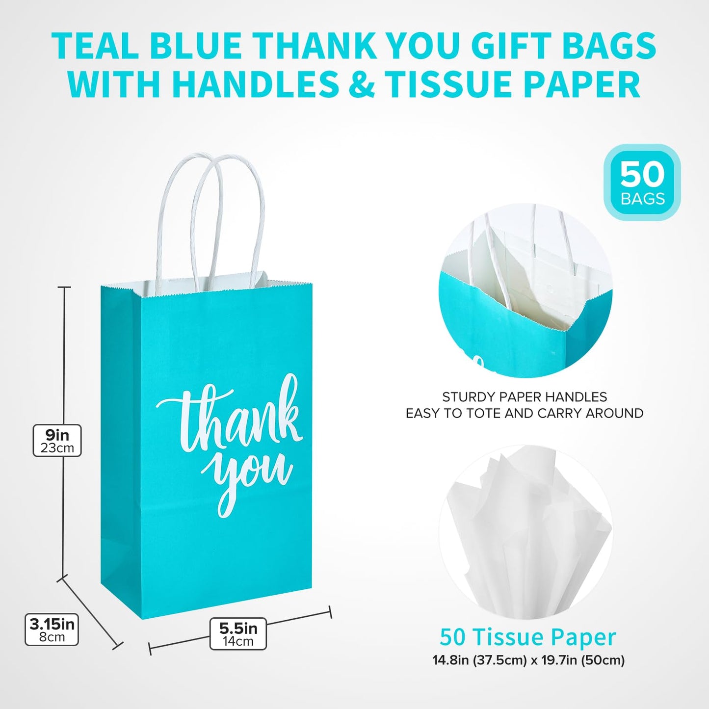 DjinnGlory 50 Pack Small Teal Blue Paper Bags with Handles 9x5.5x3.15 Inch and 50 White Tissue Paper, Thank You Gift Bags for Business Wedding Baby Shower Birthday Party Goodies
