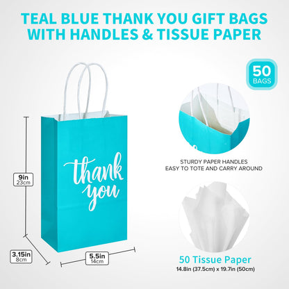 DjinnGlory 50 Pack Small Teal Blue Paper Bags with Handles 9x5.5x3.15 Inch and 50 White Tissue Paper, Thank You Gift Bags for Business Wedding Baby Shower Birthday Party Goodies