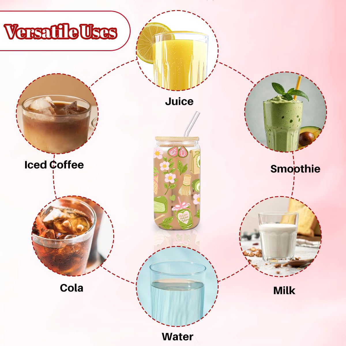 Matcha Girly Glass Cup, Matcha Lovers Gift, Kawaii Latte Girly Glass Tumbler, 16 oz Cafe Aesthetic Iced Coffee Cup with Lid Straw