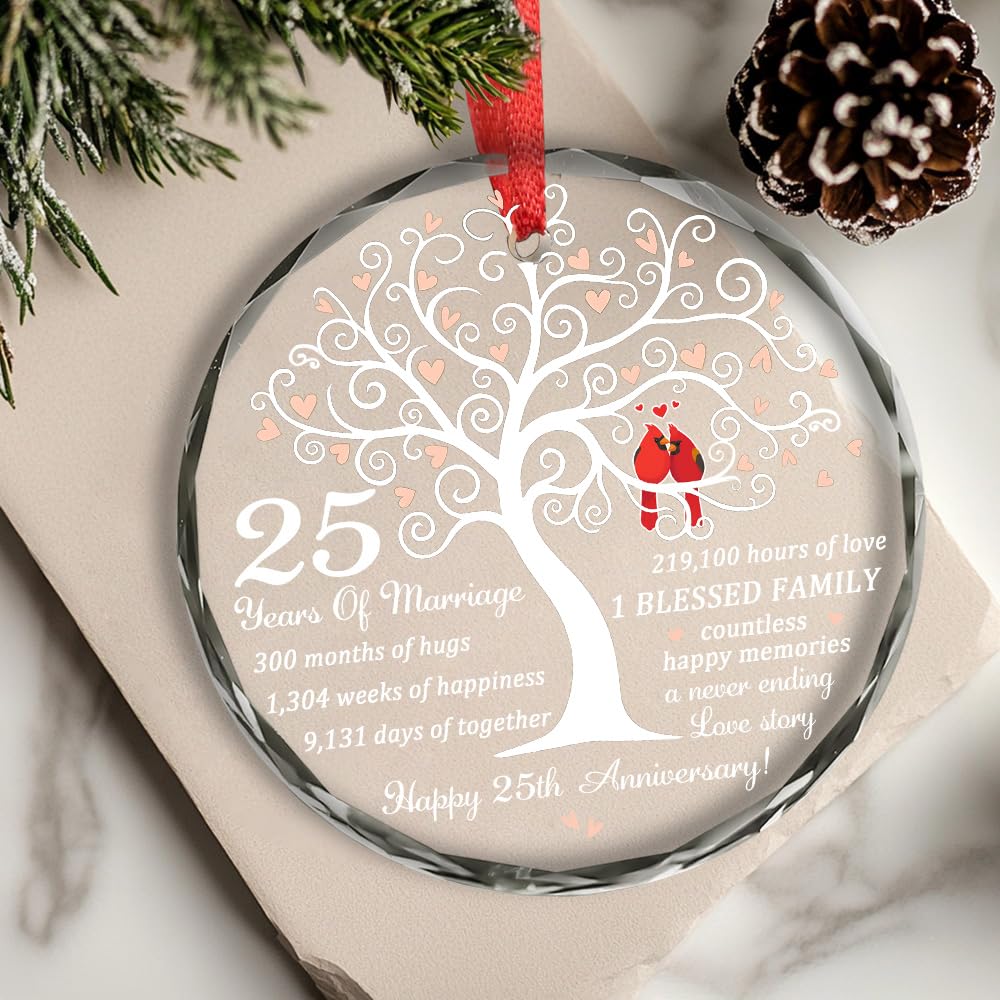 25th Wedding Anniversary Ornament - Gift for 25th Anniversary - Silver Anniversary - 25 Years of Marrige Gift Idea for Couple - Happy 15th Anniversary Glass Ornaments - Gifts for Wife, Husband