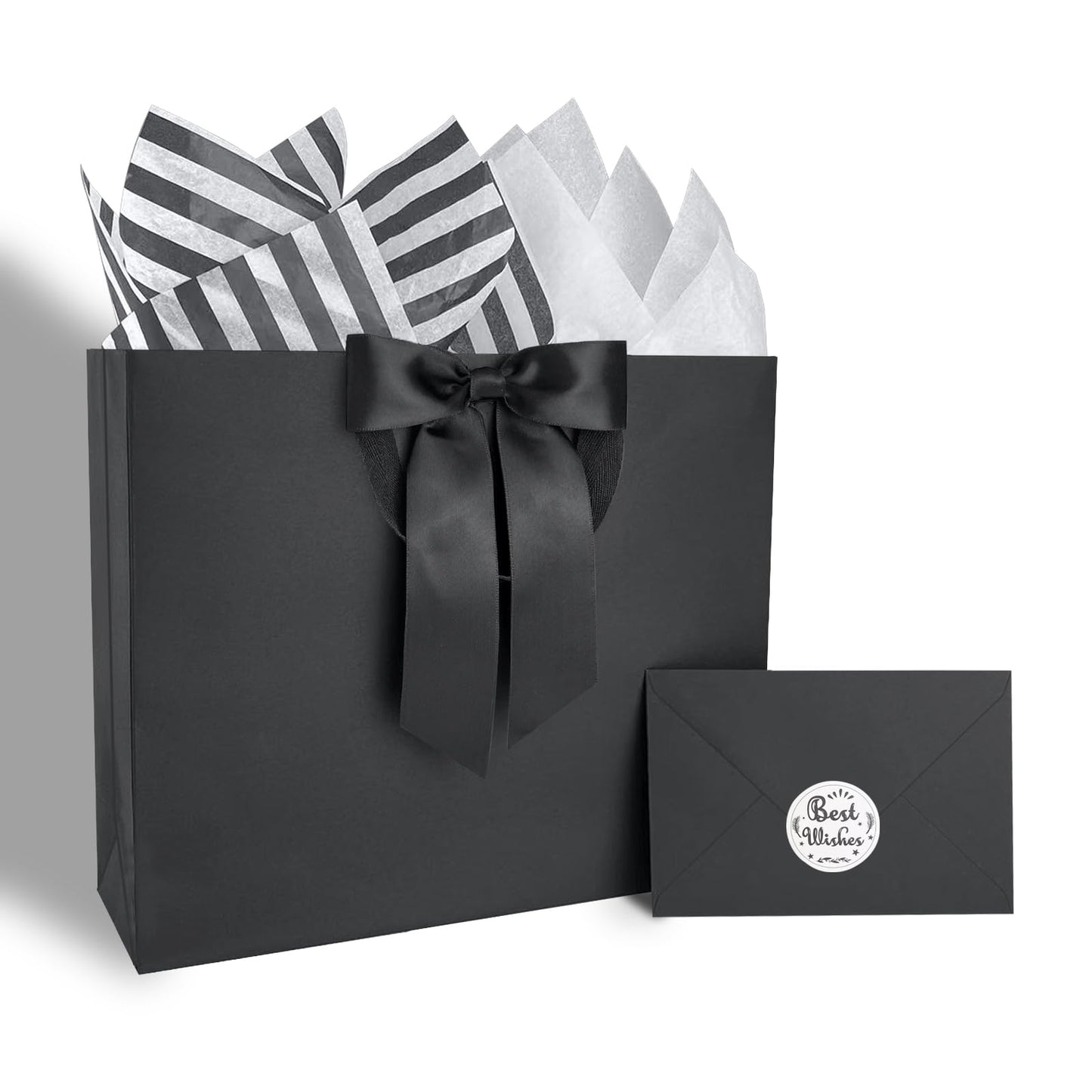 ZHIAXTON Black Gift Bags with Handles,11.8x3.9x9.8 Inch Gift Bags Medium Size with Tissue Paper,Cards and Bow,Black Gift Bag for Father's Day,Wedding Party, Anniversary,Men's Birthday