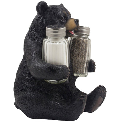 Decorative Black Bear Glass Salt and Pepper Shaker Set with Holder Figurine Sculpture for Rustic Lodge and Cabin Kitchen Table Decor Centerpieces & Spice Rack Decorations or Teddy Bear Gifts