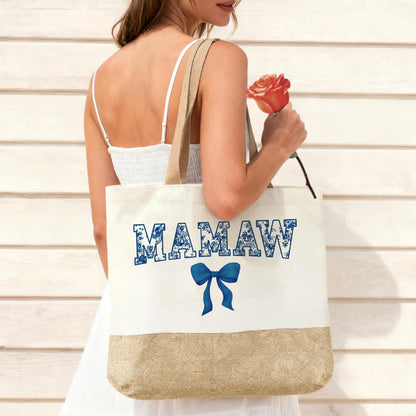 Mamaw Bag, Mamaw Gifts, Gifts for Mom Grandma, Birthday Christmas Retirement Appreciation Gift for Women Mom Grandma Nana Gigi Mimi, Reusable Blue Bow Floral Tote Bags and Makeup Bags With Zipper