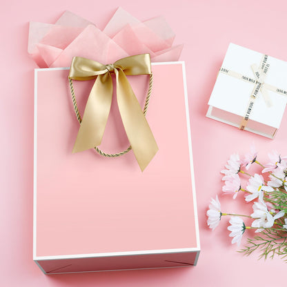 YoungTree Pink Gift Bags with Handles, 13" Medium Gift Bag with 2 Tissue Paper and 1 Card, Present Bag for Graduation Wedding Baby Shower Bridal Shower Birthday Party (Pink-White)