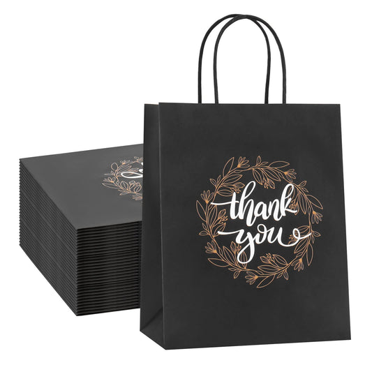 QIELSER Thank You Gift Bags Bulk 50 Pcs 8x4.75x10 Inches Medium Black Kraft Paper Bags with Handles, Tissue Paper, and Hang Tags for Retail Shopping, Wedding, Baby Shower Holiday, Party