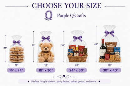 Purple Q Crafts 24" x 30" Cellophane Basket Bags – Pack Of 5 Clear Gift Basket Wrap Bags for Large Baskets, Hampers & Gifts, Extra Large Cello Bags