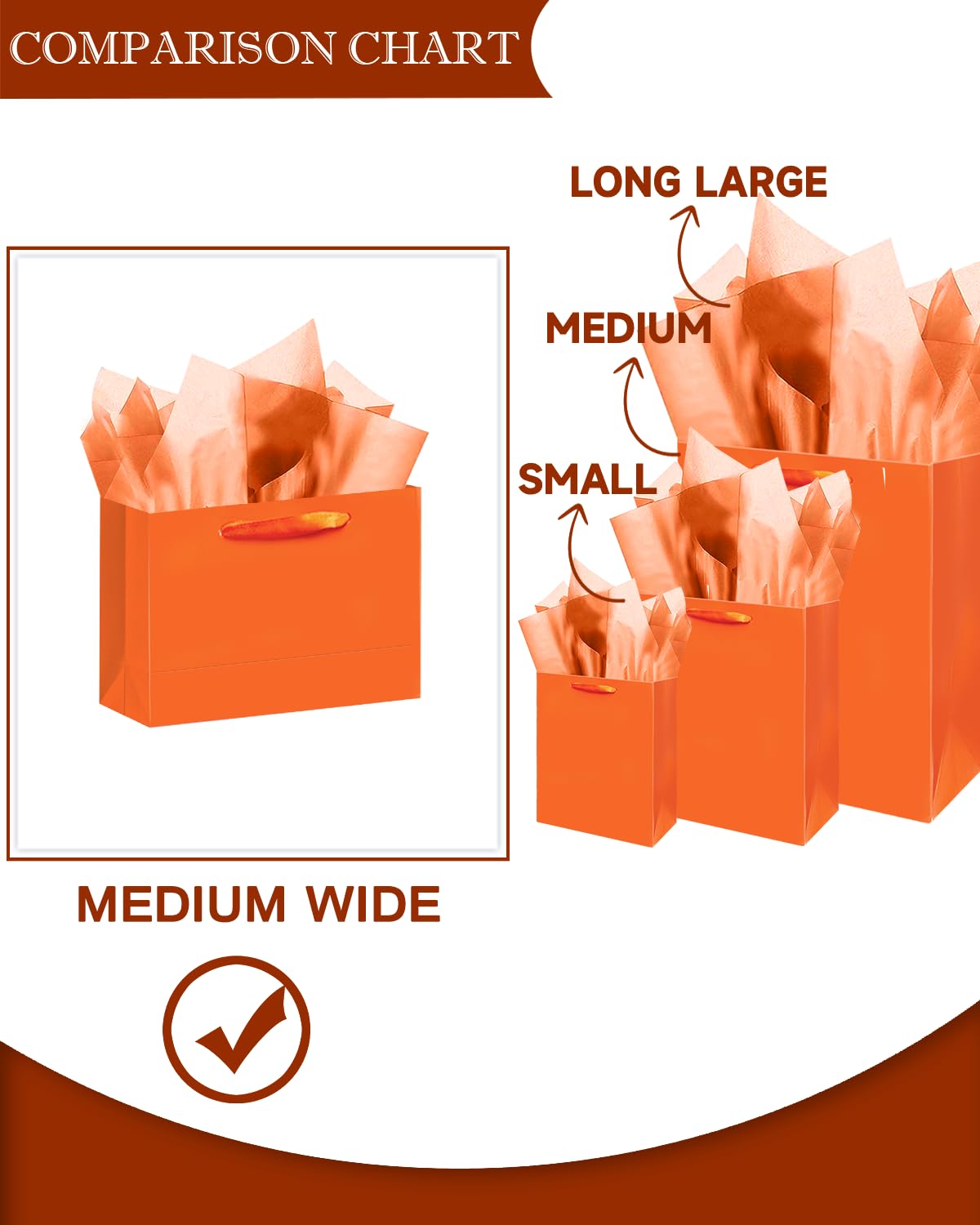 qiqee 5PCS Bright Orange Gift Bags with Ribbon Handles 9.6"x7.9"x4.3" Medium Size Gift Bags (Tissue Paper included, Medium Wide)