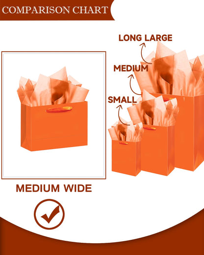 qiqee 5PCS Bright Orange Gift Bags with Ribbon Handles 9.6"x7.9"x4.3" Medium Size Gift Bags (Tissue Paper included, Medium Wide)
