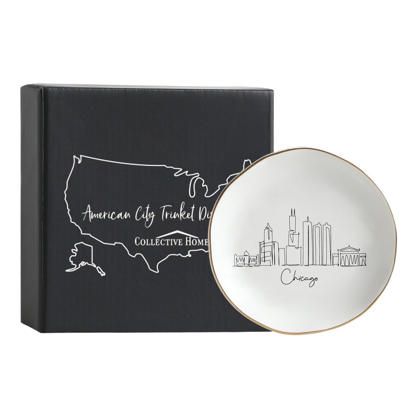 COLLECTIVE HOME - Skyline Jewelry Dish, Ceramic Trinket Dish, Landscape Jewelry Tray, Decorative City View Plate for Rings Earrings Necklaces Bracelet Watch Keys (Chicago)