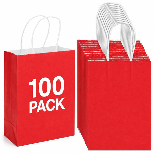 HavrePac 100 Pack 5.9x3.15x8.26 inch Small Gift Bags, Kraft Red Bags with Handles Bulk for Birthday Party Favors,Gift Paper Bags,Retail Shopping Business Goody Craft Gift Bags