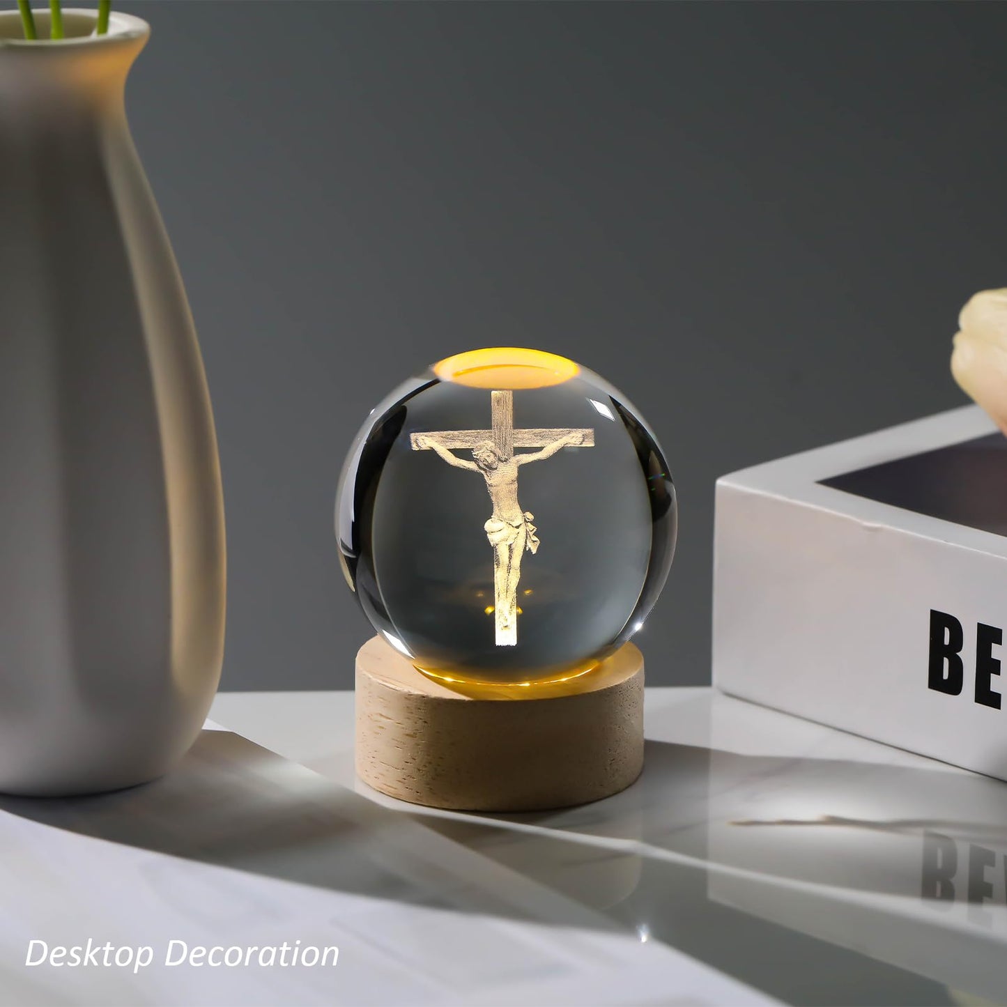 Arikyrist 3D Crystal Cross Jesus Figurine Statue, 3D Jesus Nativity Scene Crystal Ball Night Light with Cross Decor, Laser Engraved Crucifix Easter Decoration Christian Catholic Religious Gifts