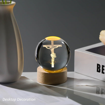 Arikyrist 3D Crystal Cross Jesus Figurine Statue, 3D Jesus Nativity Scene Crystal Ball Night Light with Cross Decor, Laser Engraved Crucifix Easter Decoration Christian Catholic Religious Gifts