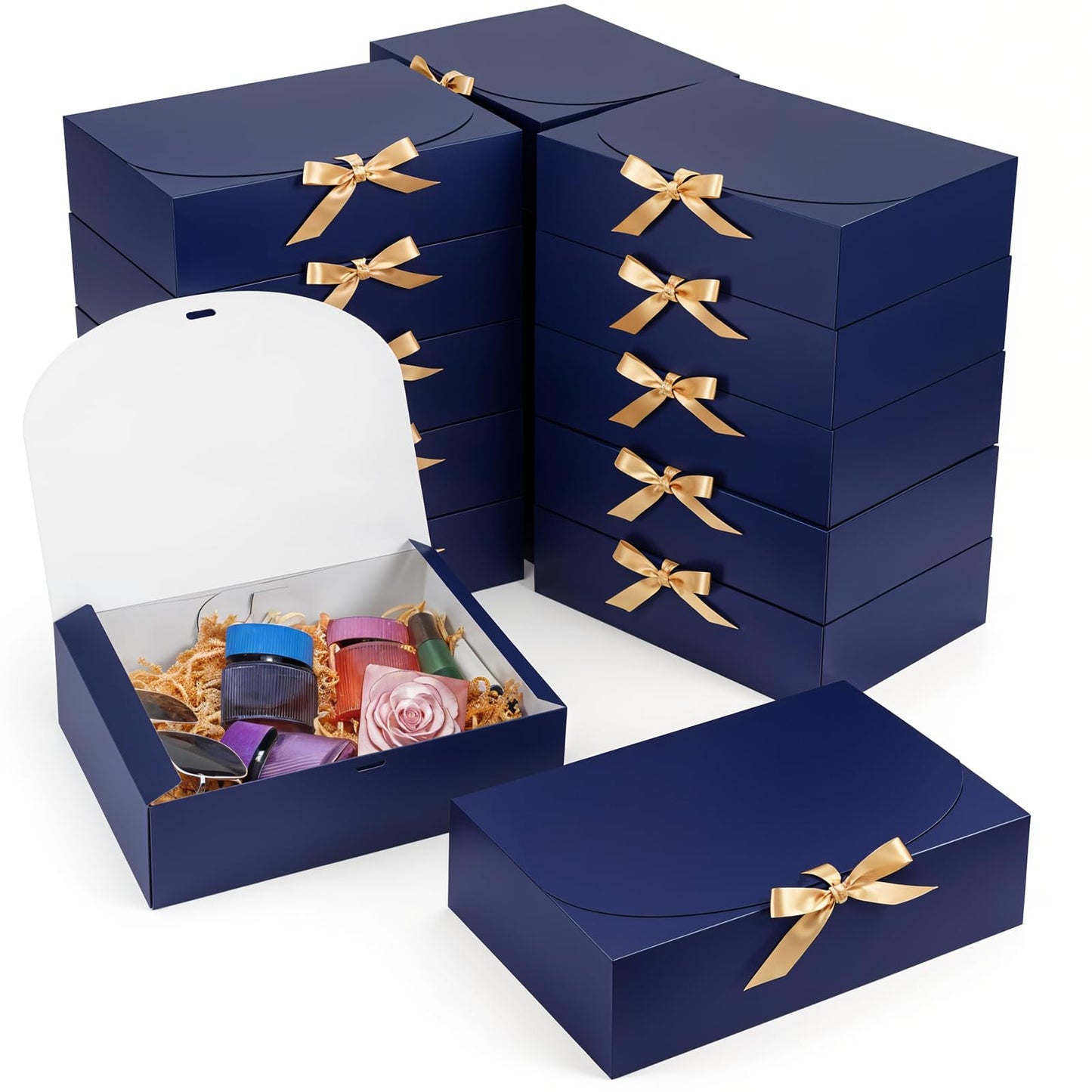 Yuanan 16 Pack Gift Box with Lid, 10.6×8×3 Inch Blue Gift Box Bulk Kraft Paper Unfold Bridesmaid Boxes with Gold Ribbon Boxes for Presents Square for Birthdays, Weddings, Graduation and Holidays