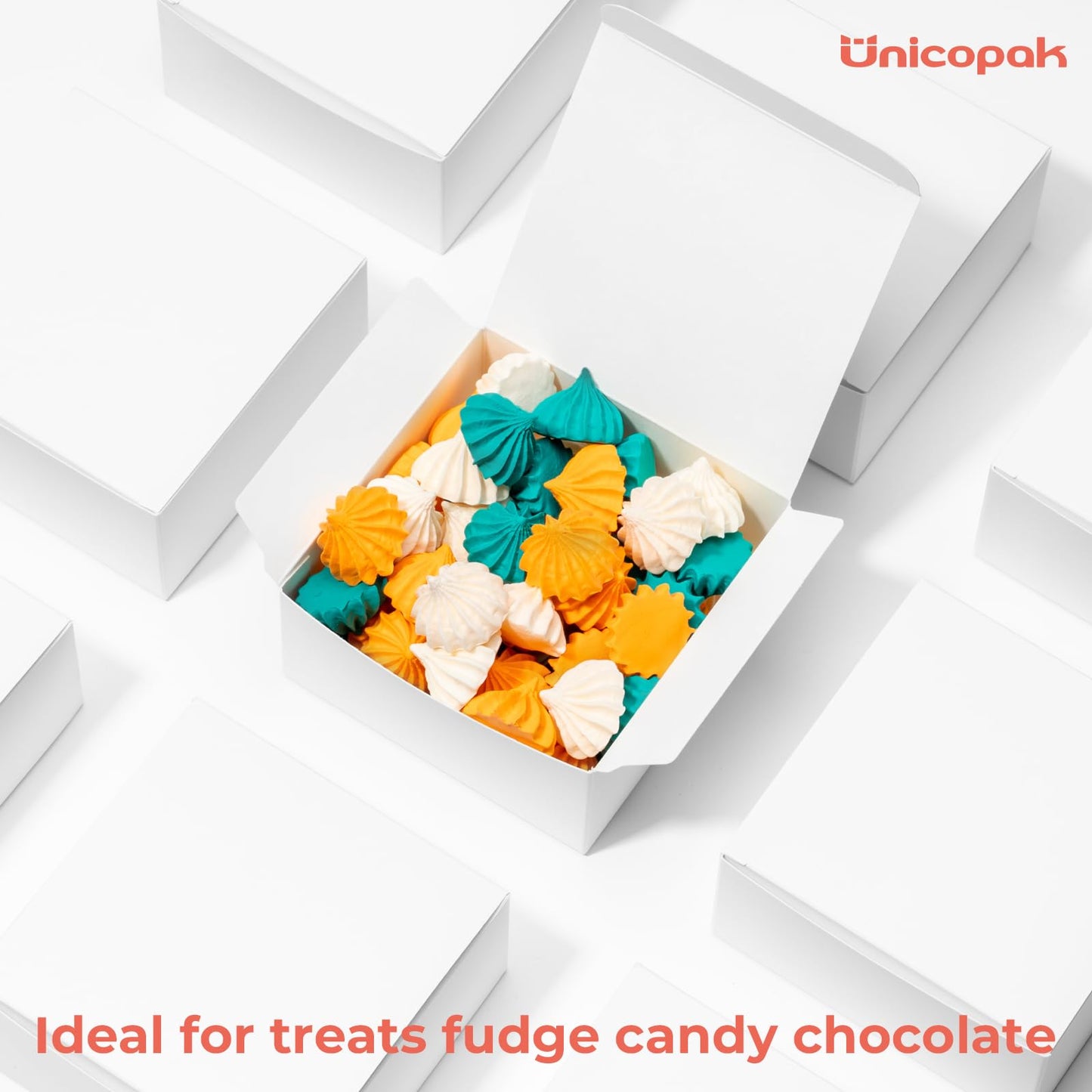 UnicoPak 20 Pack 4x4x2 White Small Gift Boxes - Food Grade Cardboard Treat Boxes for Candy, Fudge, Cookies - Small Square Boxes for Ornaments, Jewelry Trinkets, Party Favors, Small Business Packaging