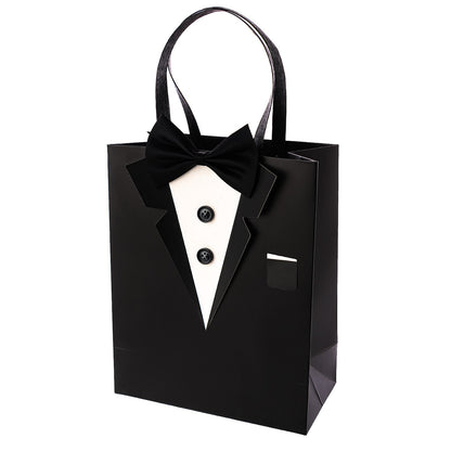 Crisky 6 Pack Classic Black 3D Tuxedo Gift Bags Real Bow Tie, Buttons for Groomsman Father's Birthday Anniversary Wedding Favor 10" x8" x4"