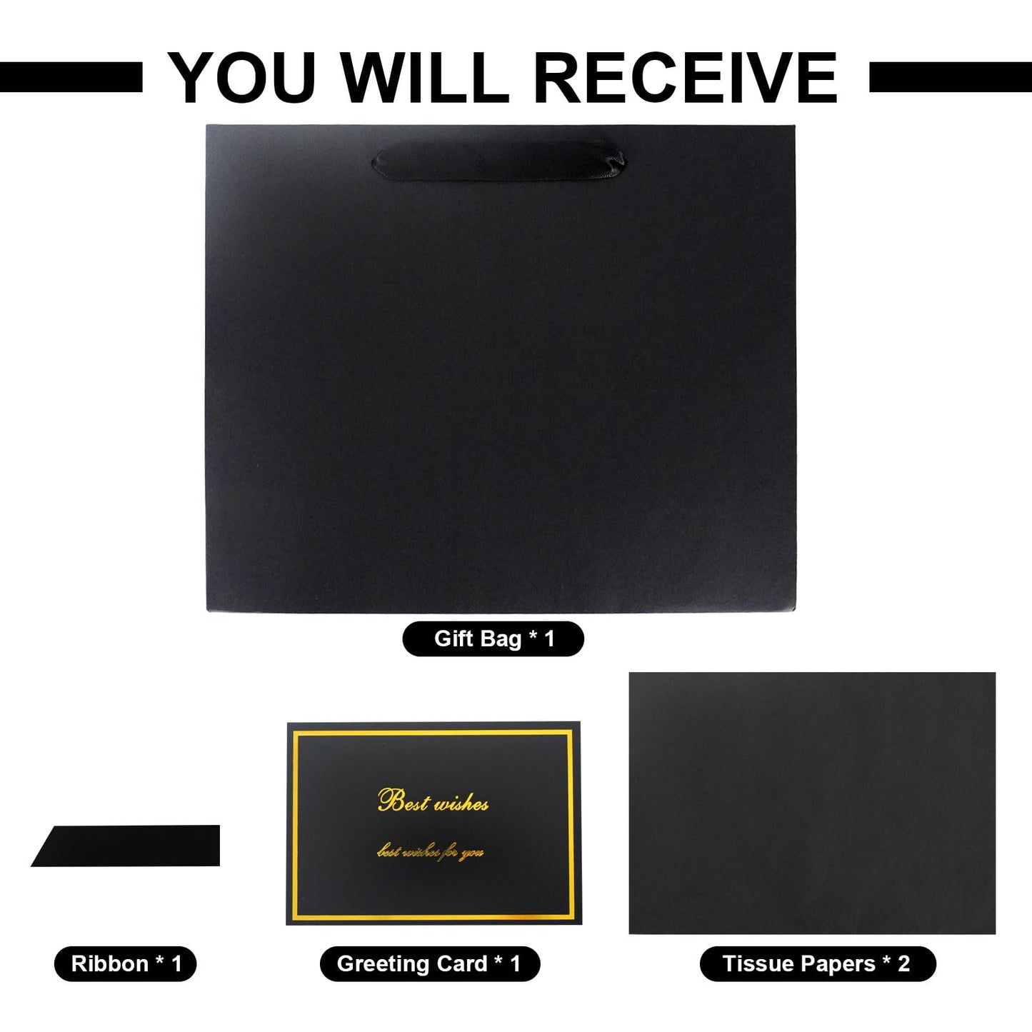 Elegant Black Gift Bag 11.8"x4.5"x9.8" with Ribbons Handles, Includes Card and Tissue for Weddings, Birthdays, Baby Shower Parties, Holidays