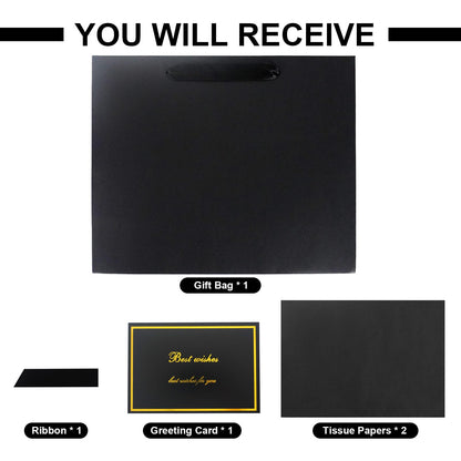 Elegant Black Gift Bag 11.8"x4.5"x9.8" with Ribbons Handles, Includes Card and Tissue for Weddings, Birthdays, Baby Shower Parties, Holidays