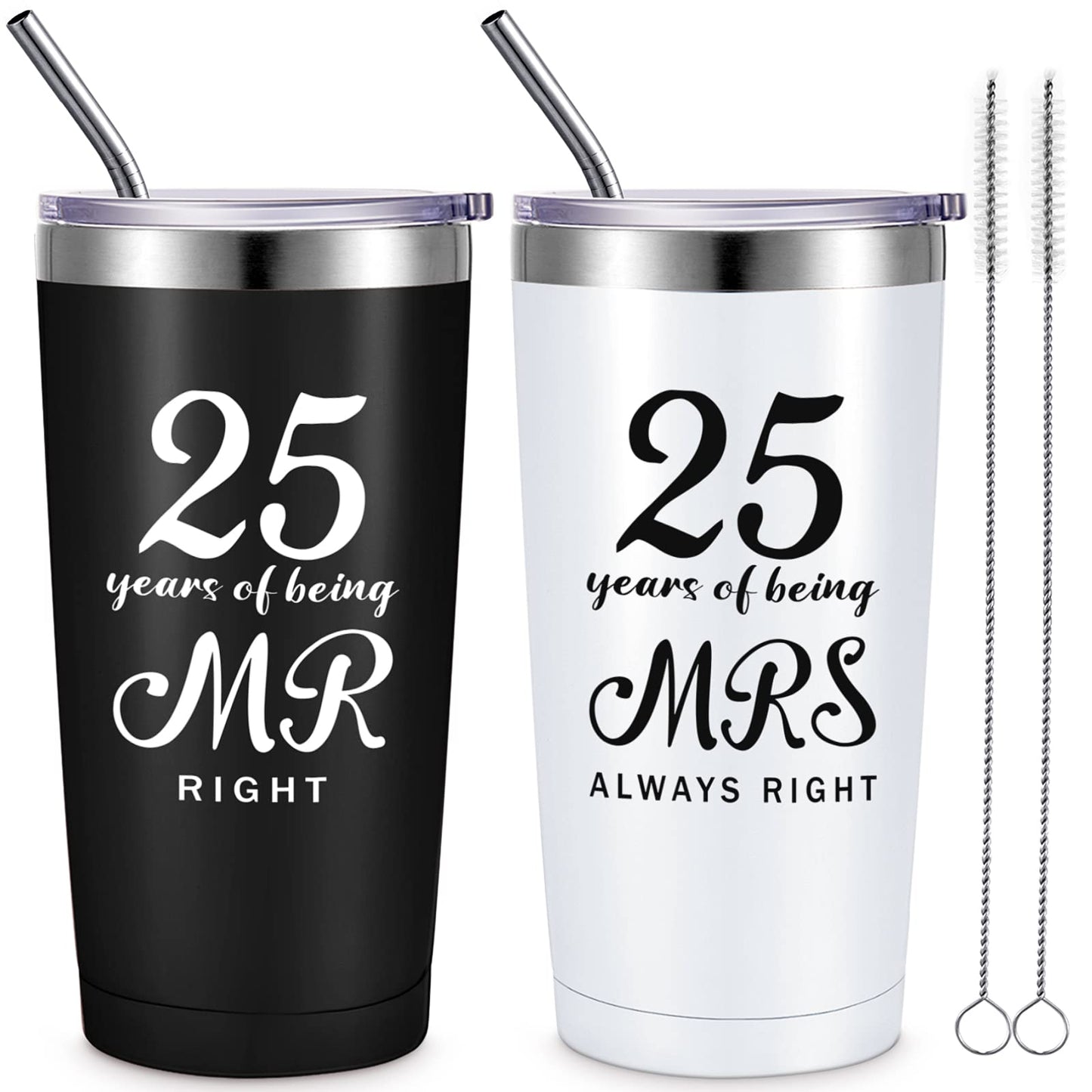 Cunhill 2 Pcs Mr. Right Mrs. Always Right Travel Tumbler Set 20 oz Wedding Engagement Anniversary Travel Mug for Husband Wife Newlywed Couples Bride Groom Anniversary(25th Tumbler)