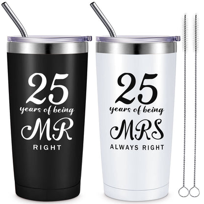 Cunhill 2 Pcs Mr. Right Mrs. Always Right Travel Tumbler Set 20 oz Wedding Engagement Anniversary Travel Mug for Husband Wife Newlywed Couples Bride Groom Anniversary(25th Tumbler)