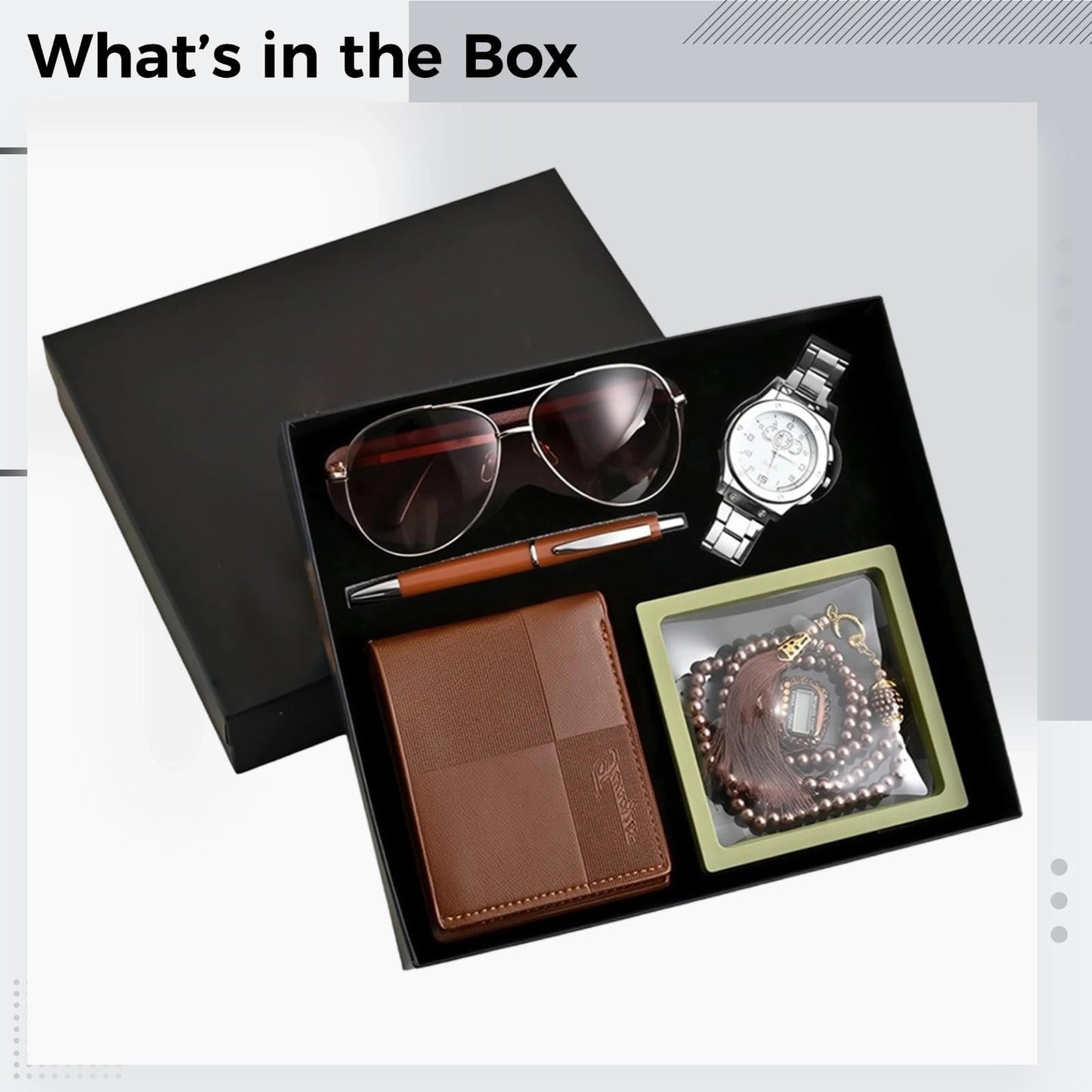 Eid Ramadan Gift Set for Men, 6 Pcs Prayer Gift Box, Prayer Beads, Finger Counter, Wallet, Watch, Sunglasses, Pen