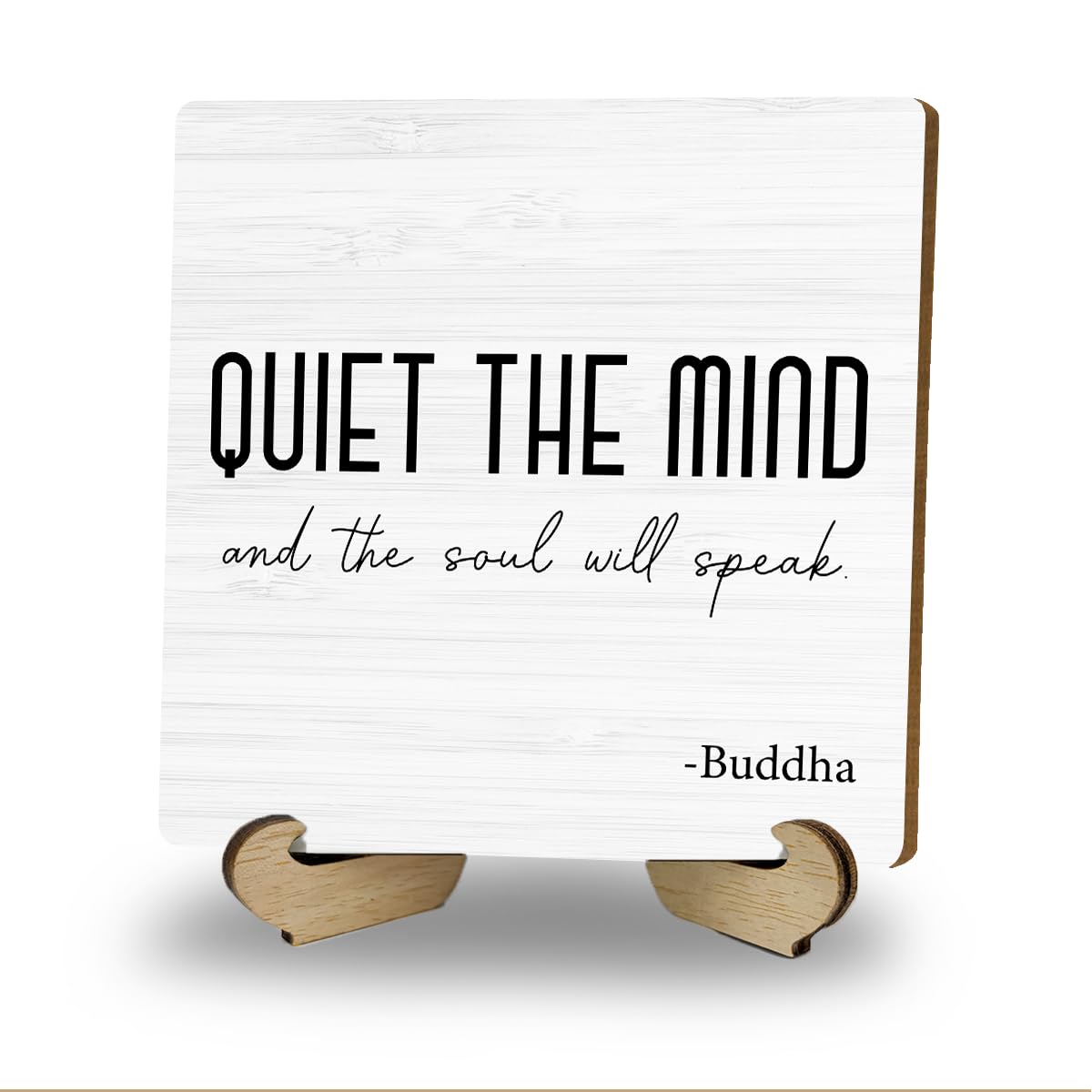 Zen Decor, Meditation Accessories, Spiritual Decorations, Zen Meditation Gifts for Office Yoga Room Bedroom Decors, Quiet The Mind And The Soul Will Speak Sign Wood Plaque with Wood Stand