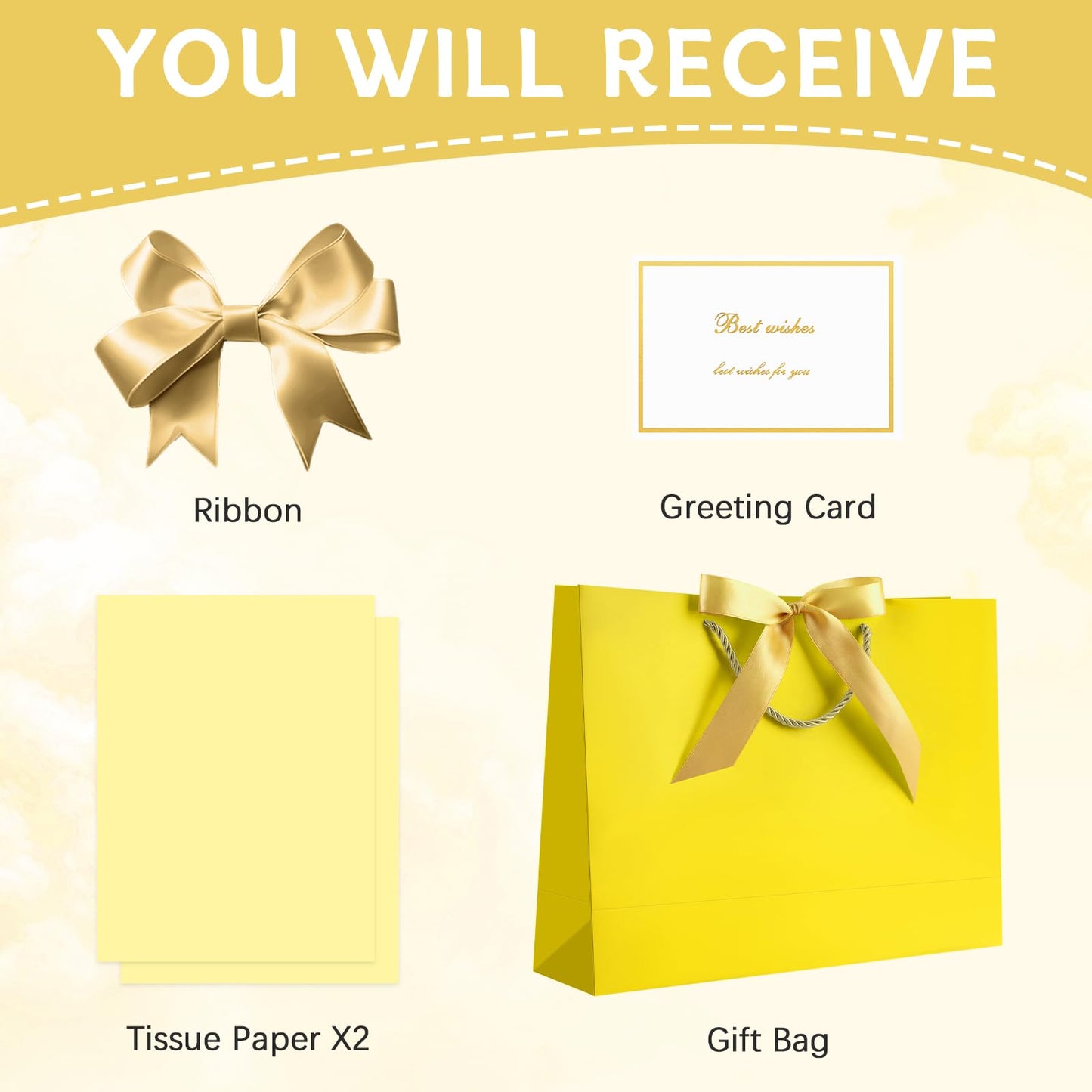 JMANNI Gift Bags with Handles, 13” Medium Gift Bag for Presents, 1 Pcs Bags with 2 Tissue Paper and 1 Cards for Baby Shower Wedding Bridal Shower Mother's Day Birthday Party (Yellow