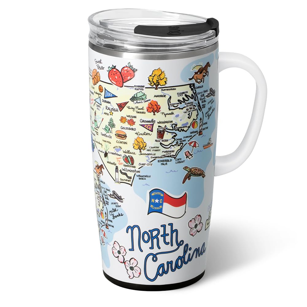 Swig Life 22oz Travel Mug, Insulated Tumbler with Handle and Lid, Travel Coffee Mug, Cup Holder Friendly, Stainless Steel 22 oz Tumbler, Reusable Insulated with Lid (North Carolina)
