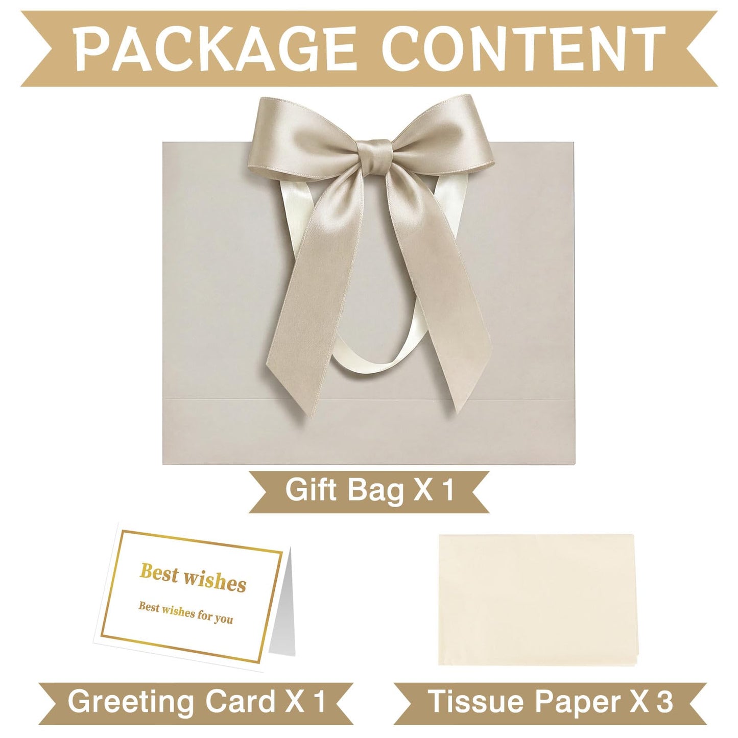 Laidans 13" Gift Bag with Handles and Bow Ribbon, Large Gift Bag with 3 Tissue Paper and 1 Card for Birthdays, Baby Showers, Wedding, Bridal Showers, Mother's Day (Champagne)