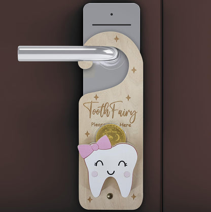 PAMBO Tooth Fairy Door Hanger, Wooden Tooth Fairy Money Holder with Tooth Coins for Lost Tooth Kids Gifts (Pink)
